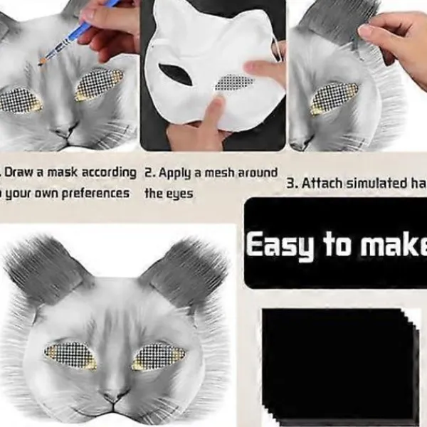 Kattmask med päls och nätöga, tomma pappersmasker för DIY, vita målningspappersmasker, kattmask för DIY Halloween Mardi Gras-fest_max> Masker