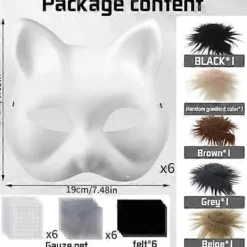 Kattmask med päls och nätöga, tomma pappersmasker för DIY, vita målningspappersmasker, kattmask för DIY Halloween Mardi Gras Party{AZC}> Tillbehör