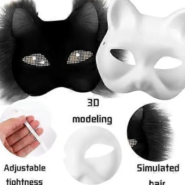 Kattmask med päls och nätöga, tomma pappersmasker för DIY, vita målningspappersmasker, kattmask för DIY Halloween Mardi Gras Party{AZC}> Tillbehör