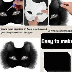 Kattmask med päls och nätöga, tomma pappersmasker för DIY, vita målningspappersmasker, kattmask för DIY Halloween Mardi Gras Party{AZC}><noscript><img width=