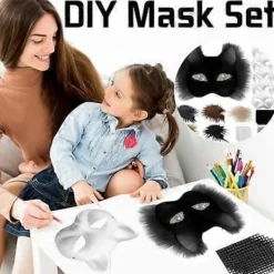 Kattmask med päls och nätöga, tomma pappersmasker för DIY, vita målningspappersmasker, kattmask för DIY Halloween Mardi Gras Party{AZC}><noscript><img width=