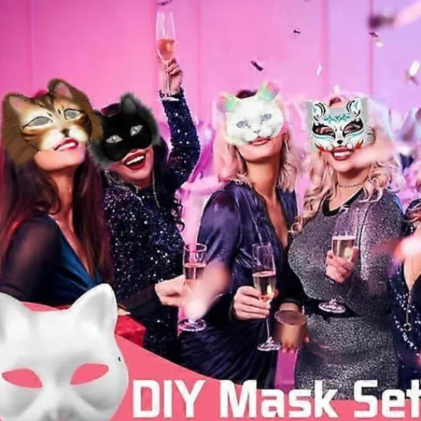 Kattmask med päls och nätöga, tomma pappersmasker för DIY, vita målningspappersmasker, kattmask för DIY Halloween Mardi Gras Party{AZC}> Tillbehör
