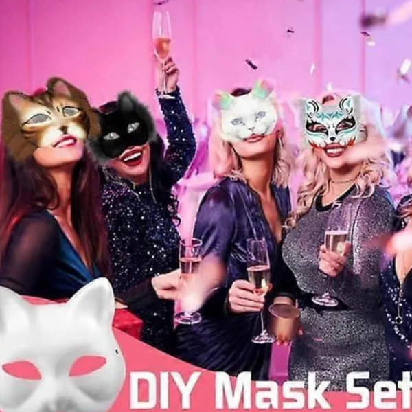Kattmask med päls och nätöga, tomma pappersmasker för DIY, vita målningspappersmasker, kattmask för DIY Halloween Mardi Gras-fest-FA-> Tillbehör