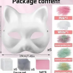 Kattmask med päls och nätöga, tomma pappersmasker för DIY, vita målningspappersmasker, kattmask för DIY Halloween Mardi Gras-fest> Masker