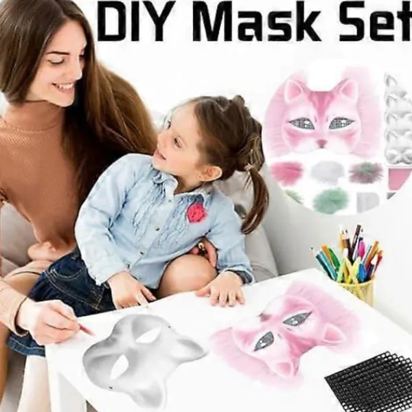 Kattmask med päls och nätöga, tomma pappersmasker för DIY, vita målningspappersmasker, kattmask för DIY Halloween Mardi Gras-fest> Masker