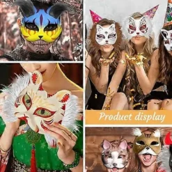 Heta säljare Kattmask med päls och nätöga, tomma pappersmasker för DIY, vita målningspappersmasker, kattmask för DIY Halloween Mardi Gras-fest-Glad><noscript><img width=