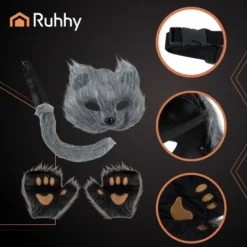 Kattmask med Tassar & Svans - Therian Cosplay - 4-delar><noscript><img width=