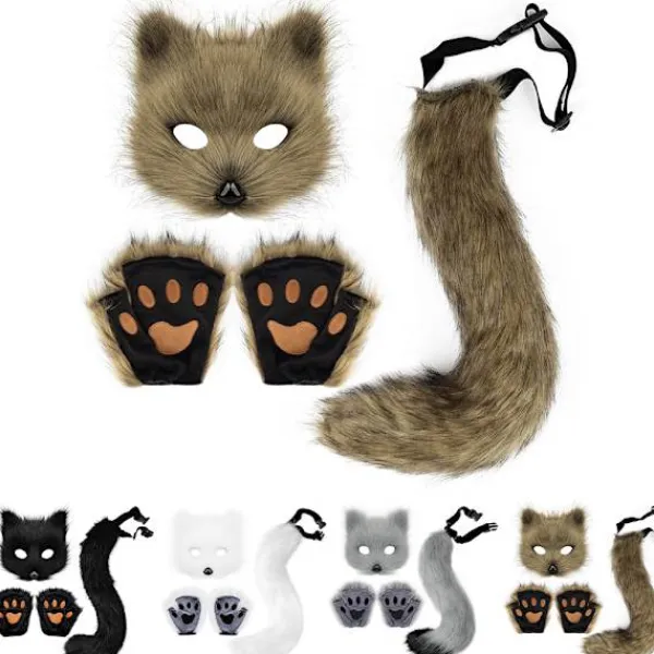 Kattmask, Svans och Tasshandskar Set, Djurdräkt Kit, Maskerad Tillbehör och Festlig Rolig—max> Tillbehör
