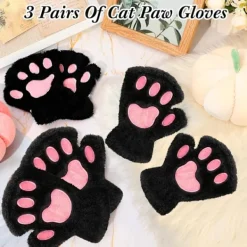 Kattpåtassar Vantar 3 Par Vantar Kattpåtassar Cosplay Konstgjord Päls Plysch Kattvantar Lejonpåtassar Fingerlösa Vantar för Flickor Kvinnor><noscript><img width=