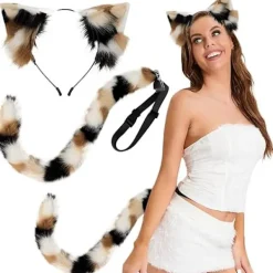 Kattöron och svans set realistisk päls kattöron smidig böjbar kattsvans med inbyggd ram för cosplay Hallowen festdekor><noscript><img width=