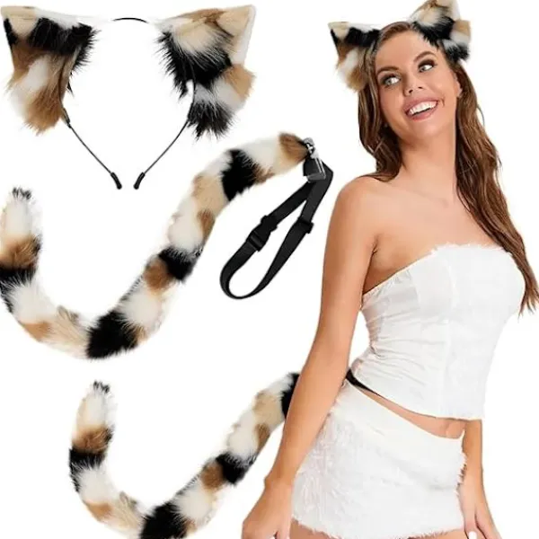 Kattöron och svans set realistisk päls kattöron smidig böjbar kattsvans med inbyggd ram för cosplay Hallowen festdekor> Tillbehör