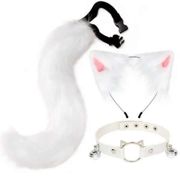 Kattöron och Varg Fox Djursvans Cosplay Kostym Fuskpäls Hårklämma Huvudbonad Halloween Läderhalsband Set> Tillbehör