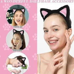 Kattöron Pannband Söta Kattöron Pannband för Vuxna Fluffiga Kattöron Kat Pannband Svarta Kattöron för Smink Dusch Fest><noscript><img width=