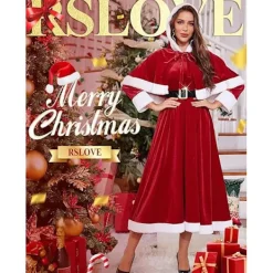 Klänning - Tomtedräkt med avtagbar huva och bälte, perfekt för julfester, storlek L.> Dräkter