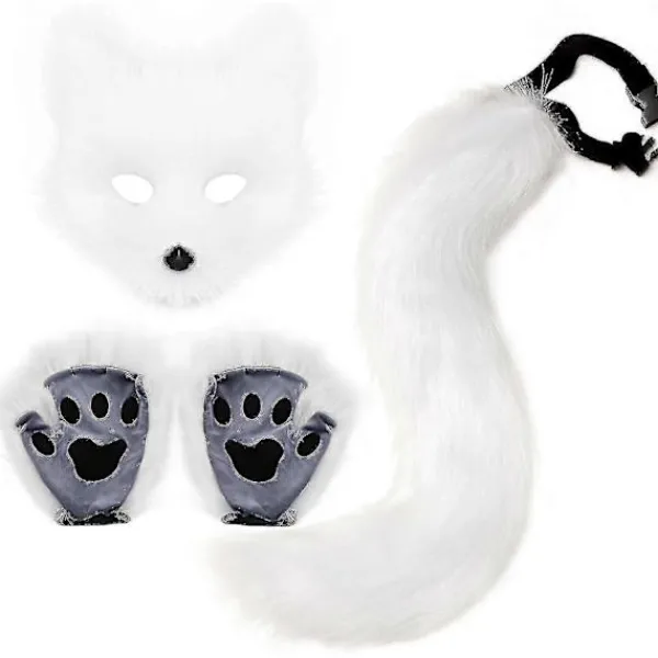Konstgjord Pälsräv Svans Katt Varulv Cosplay Kostym Set Plysch Mask Fluffiga Tassar Handskar Halloween Jul> Dräkter