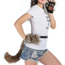 FMYSJ Konstgjord Pälsräv Svans Katt Varulv Cosplay Kostym Set Plysch Mask Fluffiga Tassar Handskar Halloween Jul (FMY)> Tillbehör