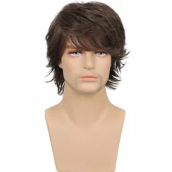 Kort brun peruk för män, skiktad naturlig fluffig kemisk fiberperuk h> Peruker