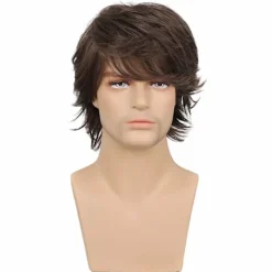 Kort brun peruk för män, skiktad naturlig fluffig kemisk fiberperuk h> Peruker