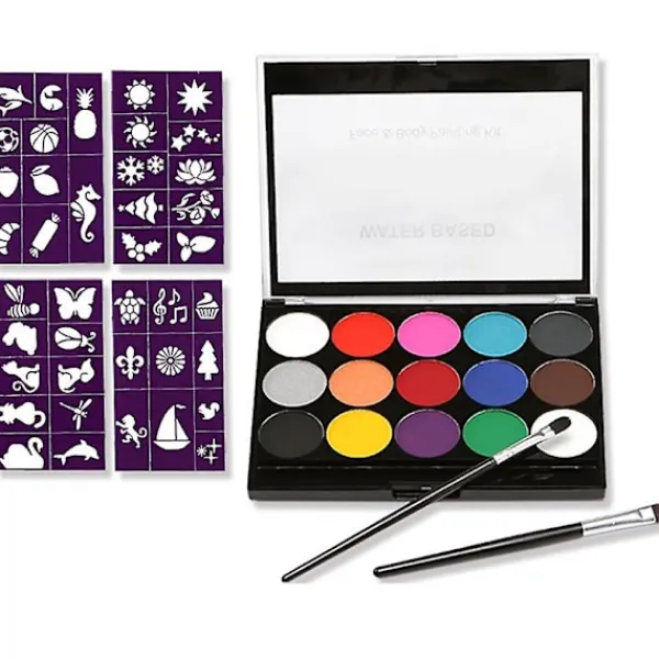 Kroppsmålningsfinish-kit 15 färger Professionell palett Tvättbar med 4 mallar> Smink