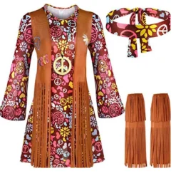 Holocky Kvinnor Hippie Kostym Set Halsband Pannband Klänning M><noscript><img width=