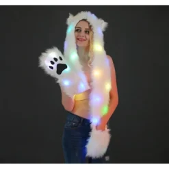 Kvinnor LED Ljus Upp Konstgjord Päls Djur Öron Luva Hatt Med Halsduk Festi><noscript><img width=