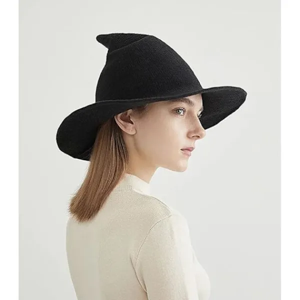 Kvinnors hopfällbara bredbrättad stickad häxhatt för Halloween-kostym Da> Huvudbonader