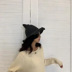 Kvinnors hopfällbara bredbrättad stickad häxhatt för Halloween-kostym Da><noscript><img width=