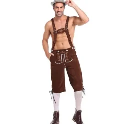 Lederhosen för män - Äkta läder Traditionella Tyska Lederhosen för män, Oktoberfest-outfit - Kort Ljusbrun Brun M> Dräkter