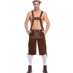 Lederhosen för män - Äkta läder Traditionella Tyska Lederhosen för män, Oktoberfest-outfit - Kort Ljusbrun Brun M> Dräkter