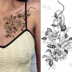 Lila ros smycken vattenöverföring tatuering klistermärke, kroppskonst och bröstkonst temporär tatuering för kvinnor, glitter tatuering blomma för flickors bälte. | Fyndiq> Smink