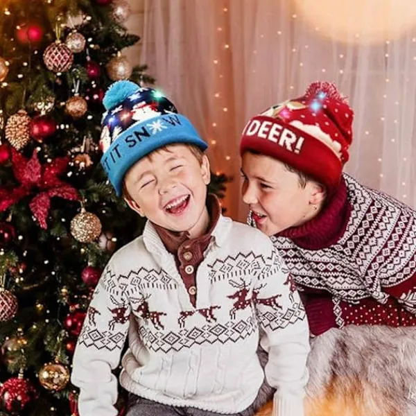 Ljusupplyst Julhatt, LED Julhattar med Ljus, Blinkande Julmössa Stickad Mössa för Barn Vuxna Pojkar Flickor> Huvudbonader