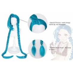 Lång blå flätad peruk för Jinx Cosplay peruk Inkluderar cap 43'-blå><noscript><img width=