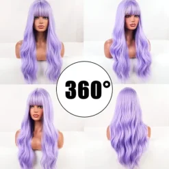 Lång ljuslila peruk med lugg, naturlig lila Lolita lång vågig peruk> Peruker