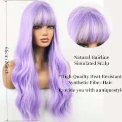 Lång ljuslila peruk med lugg, naturlig lila Lolita lång vågig peruk><noscript><img width=