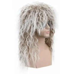 Lång lockig brun hårfärgad vit peruk kompatibel med män och kvinnor 70-tal 80-tal Rocker Mullet Party Rolig peruk Kostymperuk【pl】><noscript><img width=