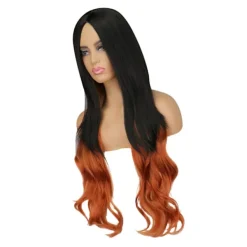 Lång lockig orange peruk för kvinnor för cosplayfester><noscript><img width=