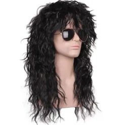 Lång lockig svart 80-talsrockstjärneperuk för män> Peruker