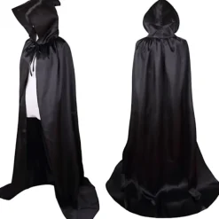 Lång svart kappa med huva medeltida vampyr häxa kostym damer halloween kostym karneval jul vuxen 150CM><noscript><img width=