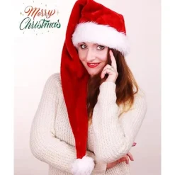 Lång Tomtehatt för Vuxna Unisex, Mjuk Sammet Julhatt, Fluffig Vit Pälskant, Luddig Tomtehatt för Julfest><noscript><img width=