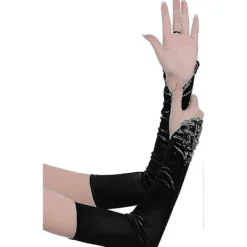 Långa Opera Party 20-tals Satinhandskar Stretchig Vuxenstorlek Armbågslång Vågig plisserad 52 cm svart><noscript><img width=