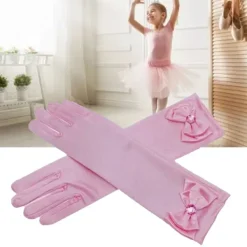 Långa prinsesshandskar för små flickor med rosettdekoration formella satinfesthandskar rosa><noscript><img width=
