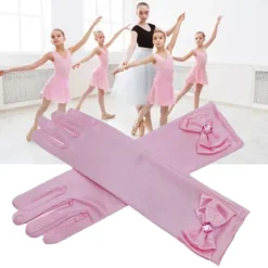 Långa prinsesshandskar för små flickor med rosettdekoration formella satinfesthandskar rosa><noscript><img width=