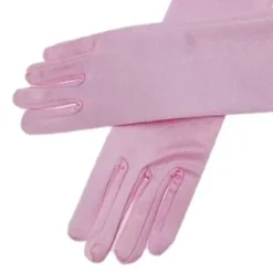 Långa prinsesshandskar för små flickor med rosettdekoration formella satinfesthandskar rosa><noscript><img width=