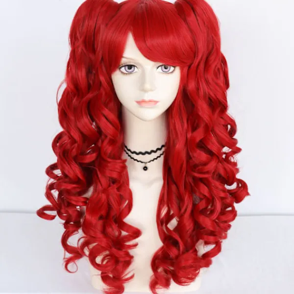 Lolita cos peruk röd dubbel tigerklämma hästsvans lång lockig anime peruk> Tillbehör
