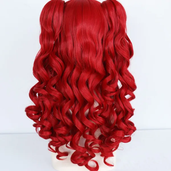 Lolita cos peruk röd dubbel tigerklämma hästsvans lång lockig anime peruk> Tillbehör