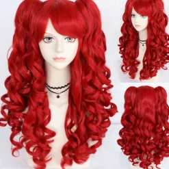 Lolita cos peruk röd dubbel tigerklämma hästsvans lång lockig anime peruk><noscript><img width=