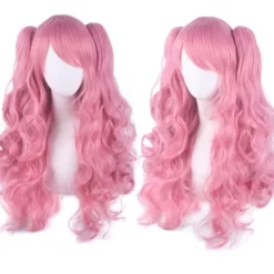 Lolita Lång Lockig Clip on Hårförlängning Cosplay Peruk, Dubbel Hästsvans Tiger Clip Lång Lockig Peruk (Rosa)> Peruker