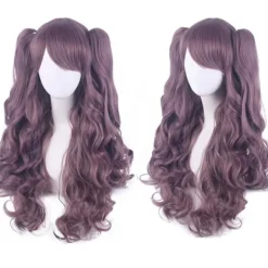 FMYSJ Lolita Lång Lockig Clip-On Hästsvans Cosplay Peruk, Dubbel Hästsvans Tiger Clip Lång Lockig Peruk (grå Lila), wz-1341 (FMY)> Peruker