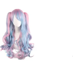 Lolita Lång Lockig Clip-on Hästsvans Cosplay Peruk, Dubbel Hästsvans Tiger Clip Lång Lockig Peruk (Rosa/Blå/Blond)> Peruker