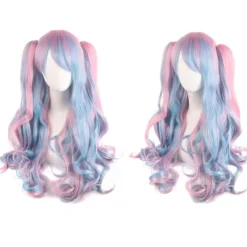 Lolita Lång Lockig Clip-on Hästsvans Cosplay Peruk, Dubbel Hästsvans Tiger Clip Lång Lockig Peruk (Rosa/Blå/Blond)> Peruker